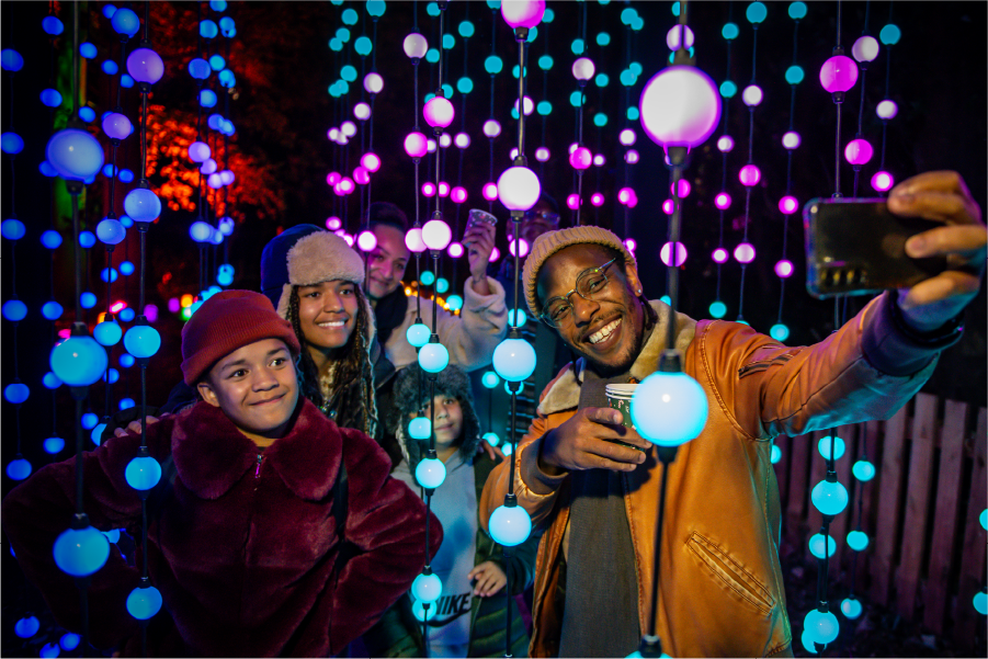 Colourful light installations lining the winter trail